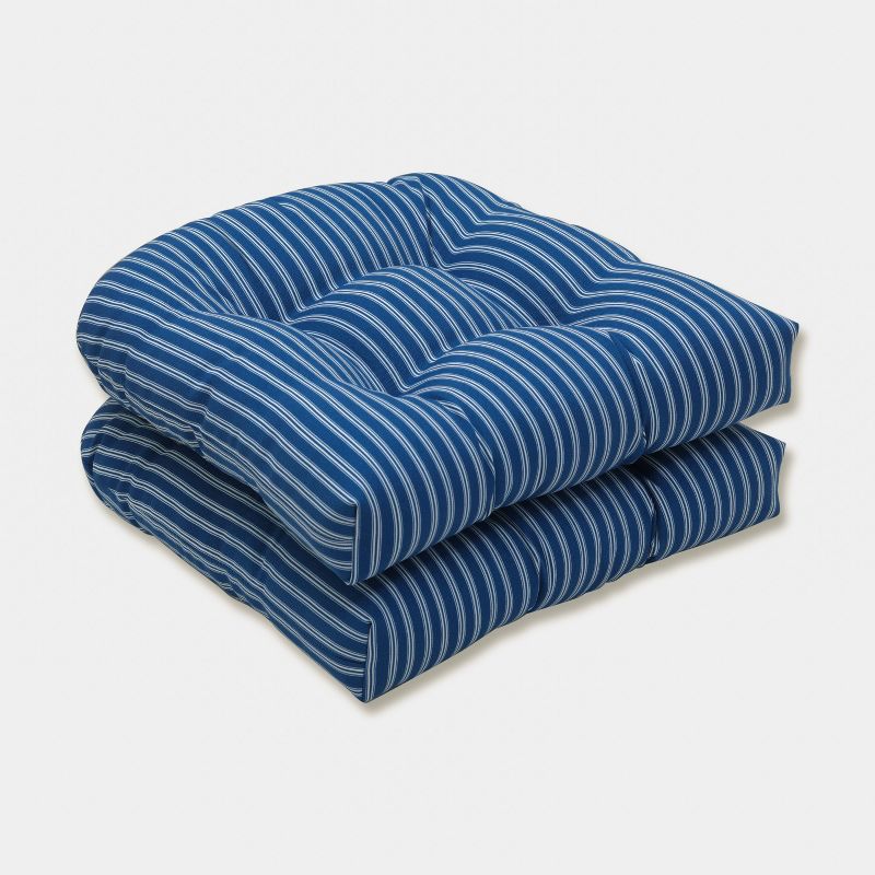 2pk Resort Stripe Wicker Outdoor Seat Cushions Blue - Pillow Perfect, 1 of 6