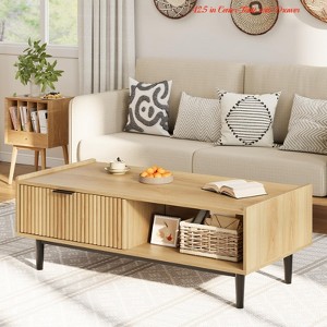 Fluted Coffee Table 42.5" Mid Century Modern Table with Drawer Living Room Table - 1 of 4