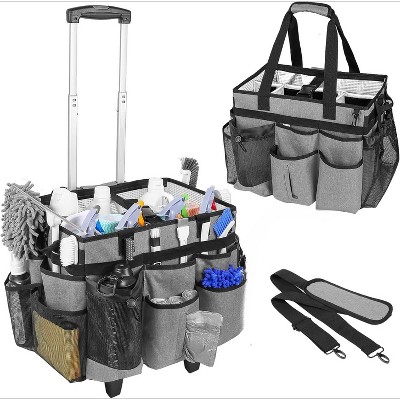 Extra Large Rolling Cleaning Caddy Bag with Detachable Foldable Trolley, Multiple Storage Pockets and Adjustable Shoulder Strap