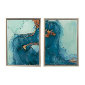 24"x17.5" Set of 2 Deep Blue Abstract Framed Printed Acrylic Wall Arts Green/Gold - A&B Home