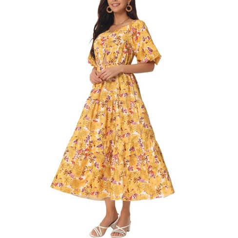 Seta T Women's Summer Dresses Casual Flowy Beach Square Neck Puff Short  Sleeve Smocked Back Boho Floral Long Maxi Dress Yellow X-large : Target