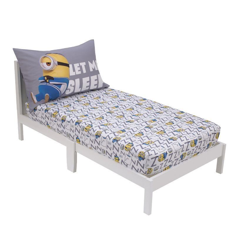 Illumination Lazy Minions Club Gray, Blue, Yellow, and White Let Me Sleep 2 Piece Toddler Sheet Set - Fitted Bottom Sheet, Reversible Pillowcase, 2 of 7