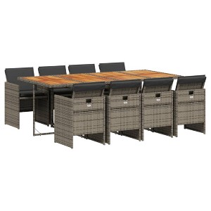 vidaXL 9 Piece Patio Dining Set - Gray Poly Rattan, Cushioned, Compact Storage, Acacia Wood Tabletop, Washable Covers, Garden/Backyard/Patio Furniture - 1 of 4