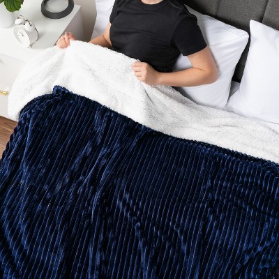 Navy Blue Reversible Sherpa Fleece Throw Blanket