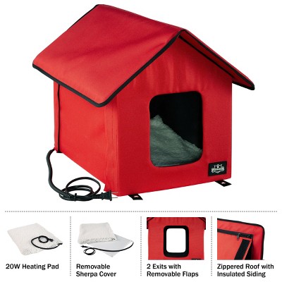 Red Heated Cat House with Sherpa Pad and Zippered Roof