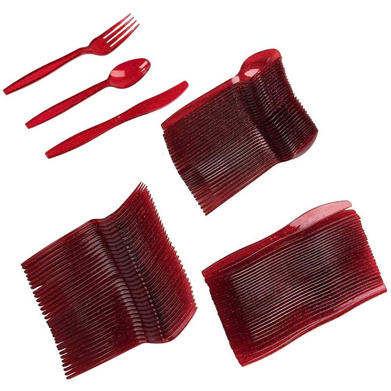 Juvale 96 Pieces Red Glitter Disposable Plastic Silverware Cutlery Set for Christmas Xmas Party Supplies & Decorations, 3 of 4