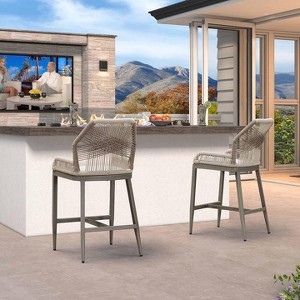 PURPLE LEAF 2 Pieces Bar Stools Patio Modern Rattan Barstools Aluminum Woven Tall Bar Chairs with Cushions for Outdoor Kitchen Island Garden - 1 of 4