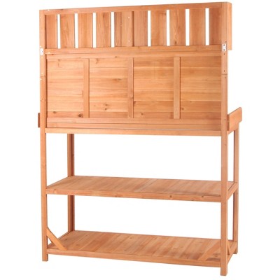 NicBex Outdoor Potting Bench Table with 4 Storage Shelves Farmhouse Solid Wood Garden Table with Side Hook