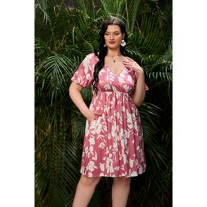 Coolmee Women's Plus Size Wrap V Neck Short Ruffle Sleeve A Line Midi Dress - 1 of 4