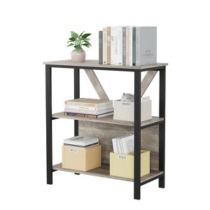 Grey 3 Tier Bookshelf with LED Lights, Bookcase with Open Display Shelves, Wood and Metal Standing Bookshelf with Storage Rack for Living Room Bedroo - 1 of 2