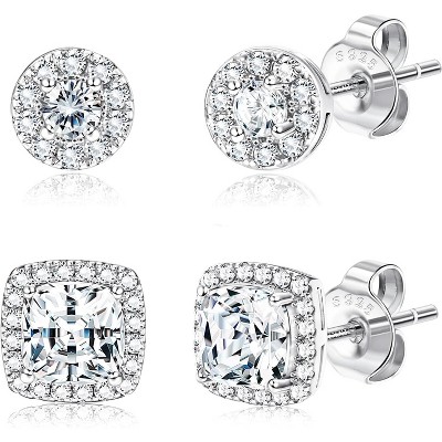 Hayoso 18K Gold Plated Halo Stud Earrings 925 Sterling Silver Cubic Zirconia Stud Earrings Round Square Diamonique Stud