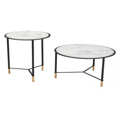 Marble Glass Top Coffee Table 21.9", Set Of 2, White With Black Steel Frame by Zuo Modern