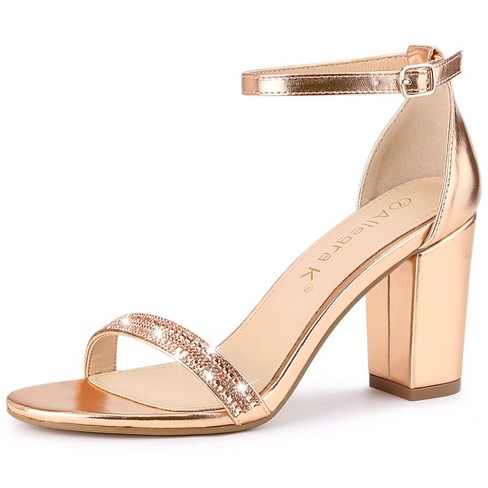 Allegra K Women s Rhinestone Ankle Strap Chunky Sandals Rose Gold