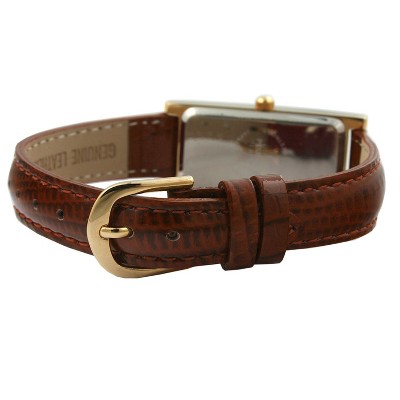 Peugeot Women's Rectangular Gold-Tone Case Watch Glossy Brown Leather Strap - image 2