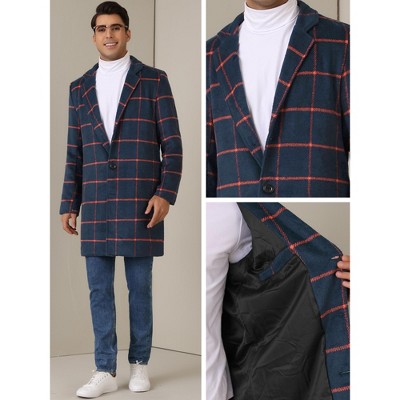 Lars Amadeus Men's Color Block Single Breasted Formal Winter Plaid Coat Navy Red Medium — фото 3