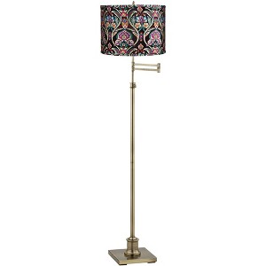 360 Lighting Chic Style Swing Arm Adjustable Floor Lamp 70" Tall Antique Brass Embroidered Drum Shade for Living Room Reading House - 1 of 4