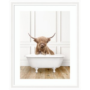Kate and Laurel Highland Cow in Traditional Vintage Bathtub by Amy Peterson Framed Wall Art Print, 28 x 35, Oliver White Narrow - 1 of 4