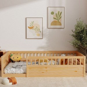 CAVINAS Twin/Full Size Modern Bed Frame with Heigh Guardrails,Pine Wood Floor Bed for Kids Room,Playroom - 1 of 4
