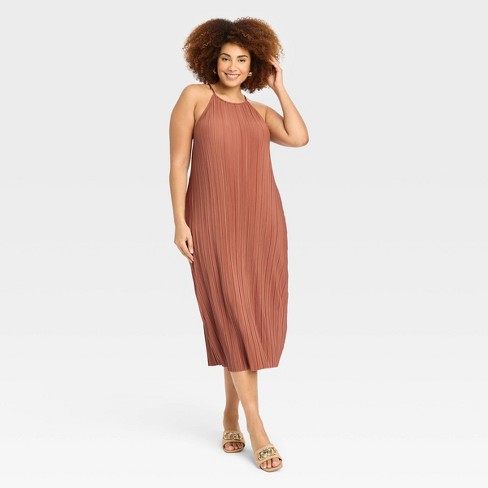 Women's Knit Plisse Midi Shift Dress - A New Day™ Brown 3x : Target