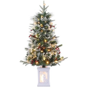 Christmas Tree, 3 Ft Pre-Lit Artificial Christmas Trees with Potted Base, Snow Flocked Small Christmas Tree with 70 Lights, Christmas Decoration - 1 of 4