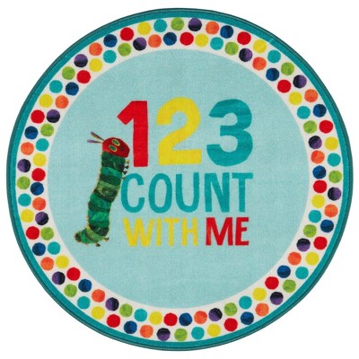 Eric Carle "The Very Hungry Caterpillar" Elementary 123 Count with Me Kids Machine Washable Area Rug, Blue/White, 35" Round