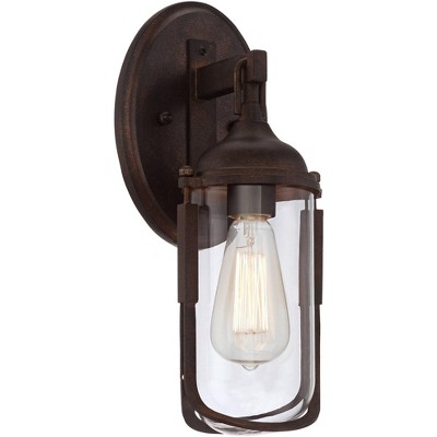 Franklin Iron Works Vintage Industrial Outdoor Wall Light Fixture Bronze 15" Clear Glass Edison Bulb for Exterior House Porch