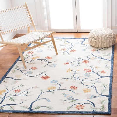 Ivory and Blue Hand-Tufted Wool Floral 8' x 10' Area Rug