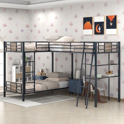 Vynxaria L-Shaped Twin over Twin Bunk Bed with Twin Size Loft Bed with Desk and Shelf ,Brown