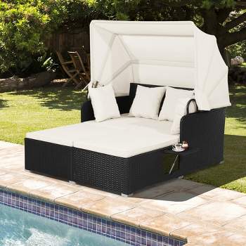 Tangkula Patio Hand-Woven PE Wicker Daybed Outdoor Loveseat Sofa Set w/ Off White Cushions