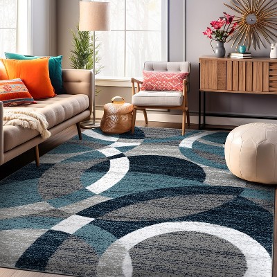 Blue and Gray Abstract Geometric Washable Area Rug 6'6" x 9'