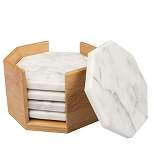 D'Eco White Carrara Marble Coasters w/ Bamboo Holder - Set of 5 - Tabletop Protection for Any Table Type- Fits Any Size Wine Glass, Cup, Mug