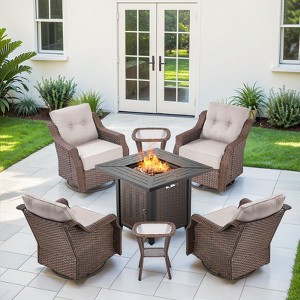 Buenhomino 7-Piece Small Patio Furniture Set, Outdoor Swivel Rocking Chairs Set with 50,000 BTU Fire Pit Table Wicker Chairs - 1 of 4