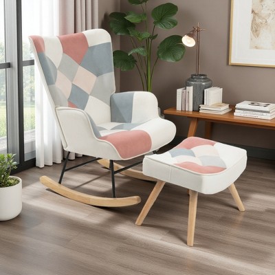 Mid-Century Patchwork Rocking Chair with Ottoman and Wood Legs