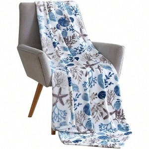 Coastal Ocean Beach Throw Blanket: Soft Plush Velvet Fleece with Seashells, Blue Grey on White. 50" X 70" Inches - 1 of 4