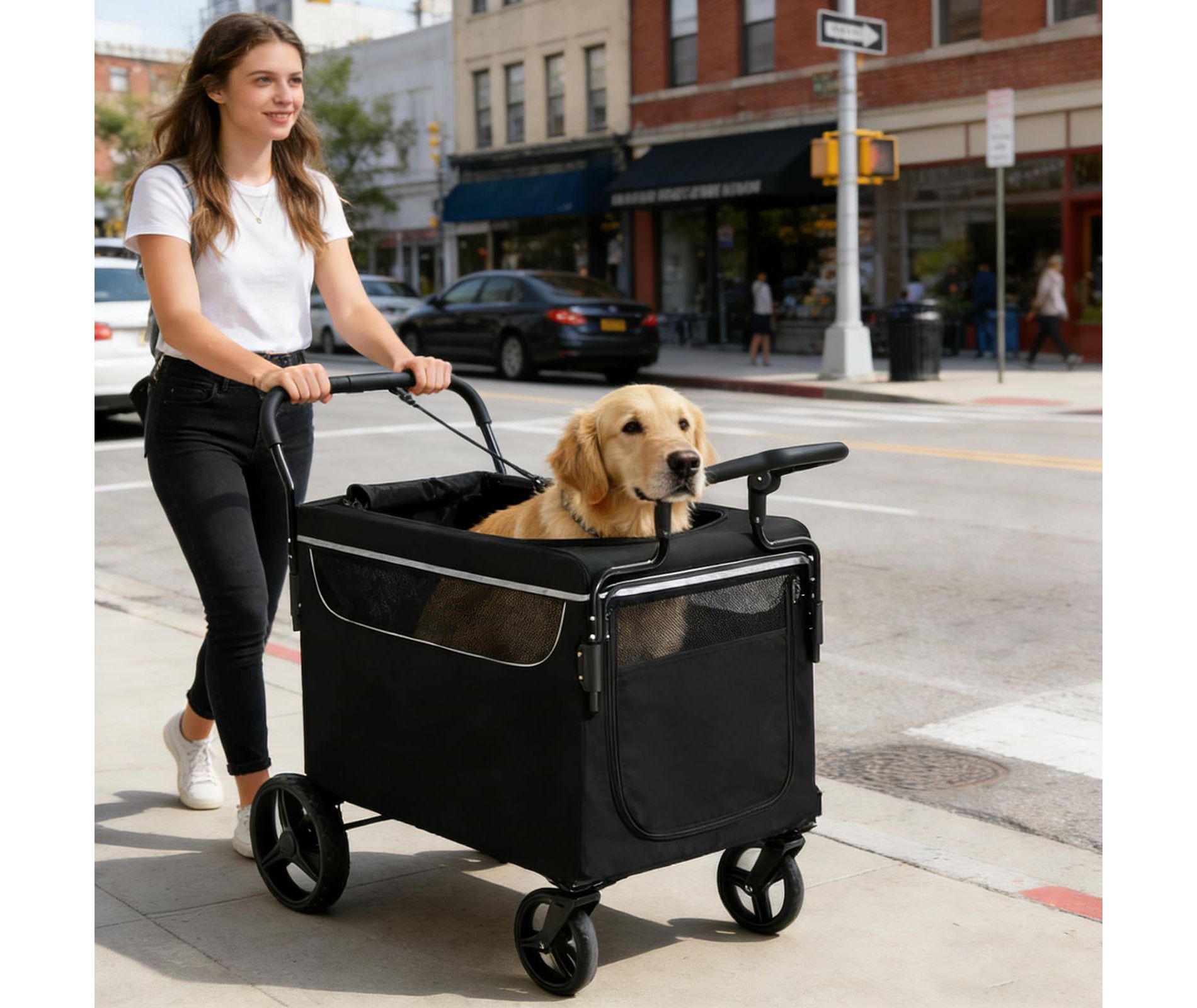 All Terrain Dog Stroller Wagon, Large & Medium Dog Pet Cart with Ramp, Foldable 2-in-1 Push-Pull Design, One-Step Brake System, Great for Outdoor Use