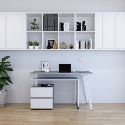Grey and White Corner Computer Desk with Drawer and Keyboard Tray