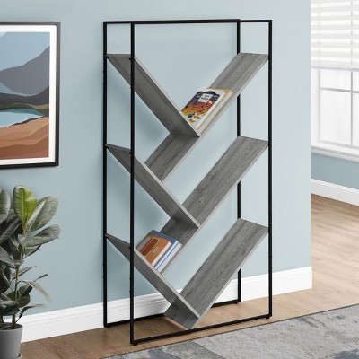 INFURNIC Decorative Bookshelf Bookcase Etagere 3 Tier V Shaped Storage Laminate Slim Metal Frame Modern Design, Gray, 32"*12"*60.25"