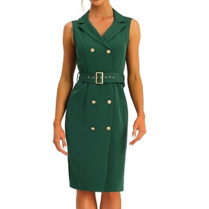 Allegra K Women's Sleeveless V Neck Notched Lapel Double Breasted Belted Work Office Dress - 1 of 4