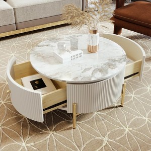 Angel Sar Modern Round Coffee Table with 2 Large Drawers, Tea Table for Living Room, White - 1 of 4