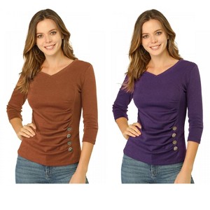 INSPIRE CHIC Women's V Neck 3/4 Sleeves Solid Knitted Buttons Decor Ruched Blouse 2 Packs - 1 of 4