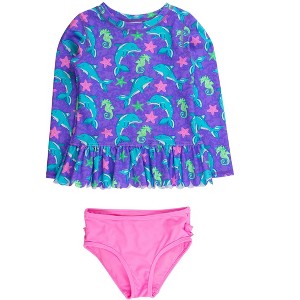 RuffleButts Girls UPF50+ Sun Protected Scallop Hem Long Sleeve Rash Guard Bikini - 1 of 4