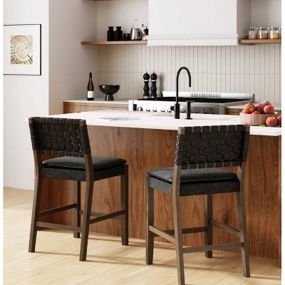 Cohen Black Faux Leather Saddle Counter Stools with Wood Frame, Set of 2