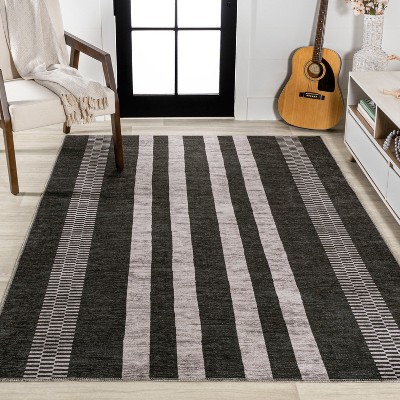 Ivory and Black Striped Synthetic Washable Area Rug