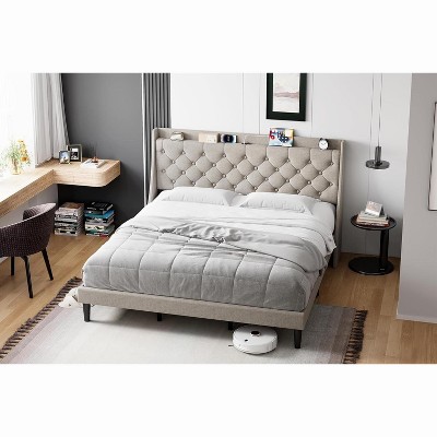 King Size Upholstered Bed Frame with Button Tufted Storage Headboard, Charging Outlet, Wooden Slats Support, No Box Spring Needed – Light Gray