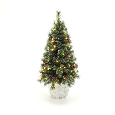 LuxenHome 4Ft Pre-Lit Artificial Pine Tree Potted Green