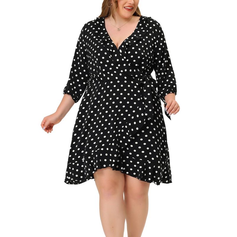 Agnes Orinda Women's Plus Size Polka Dots Elegant  3/4 Sleeve Ruffle Dress, 2 of 6