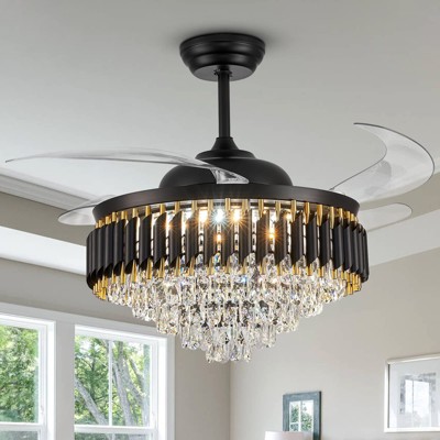 Dimmable Luxury Crystal Chandelier Ceiling Fan with Lights and Remote, Retractable Fandelier for Bedroom Dining Room