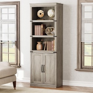 Farmhouse Bookcases - 5 Tier Bookshelf with Doors, 70 Inch Tall, Wooden Storage Cabinet, Suitable for Living Room, Home, Office, Bedroom, White - 1 of 4