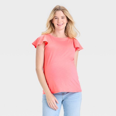 Flutter Short Sleeve Maternity T-Shirt - Isabel Maternity by Ingrid & Isabel™ Pink M: Cotton Knit Crew Neck