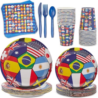 Blue Panda 168-Piece Serves 24 International World Cup Party Supplies - Disposable Plate, Napkin, Cup & Cutlery
